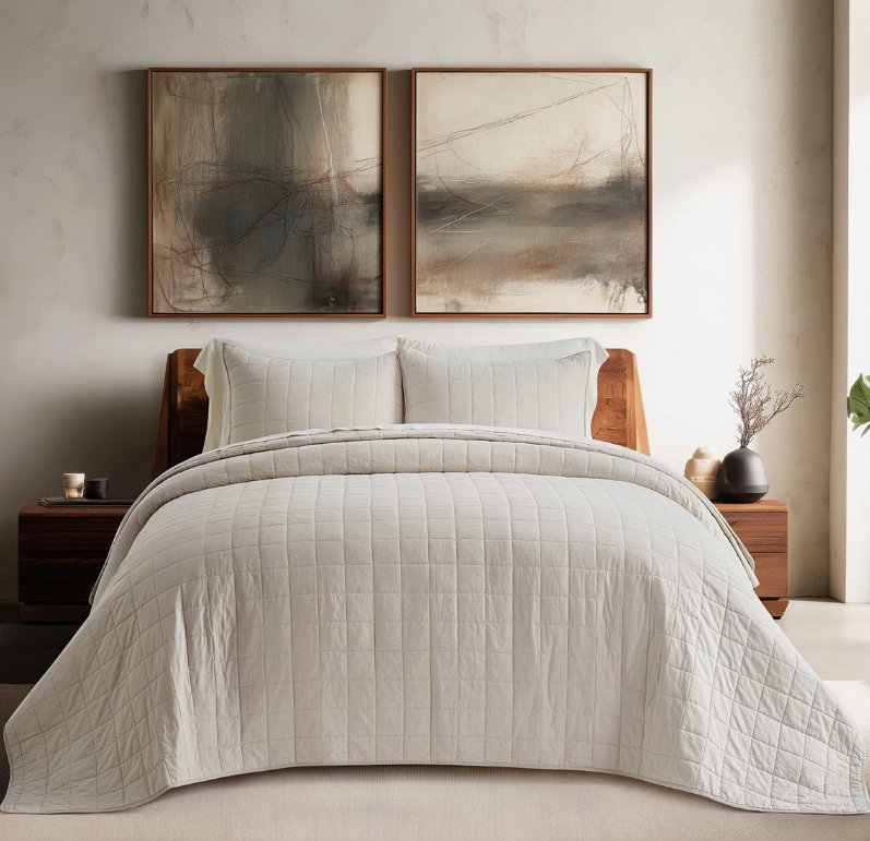 100% French Linen Solid Box Stitch Quilt Set with Shams, Queen Quilt + 2 Shams, Light Gray