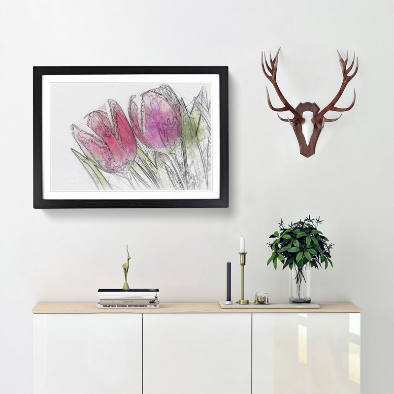 Pair of Pink Tulip Flowers in Abstract - Picture Frame Drawing Print, 36cm H x 48cm W x 2cm D, Black Framed
