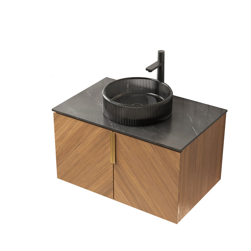 Meuble-lavabo de 30 po avec lavabo en cristal noir transparent, conception diagonale