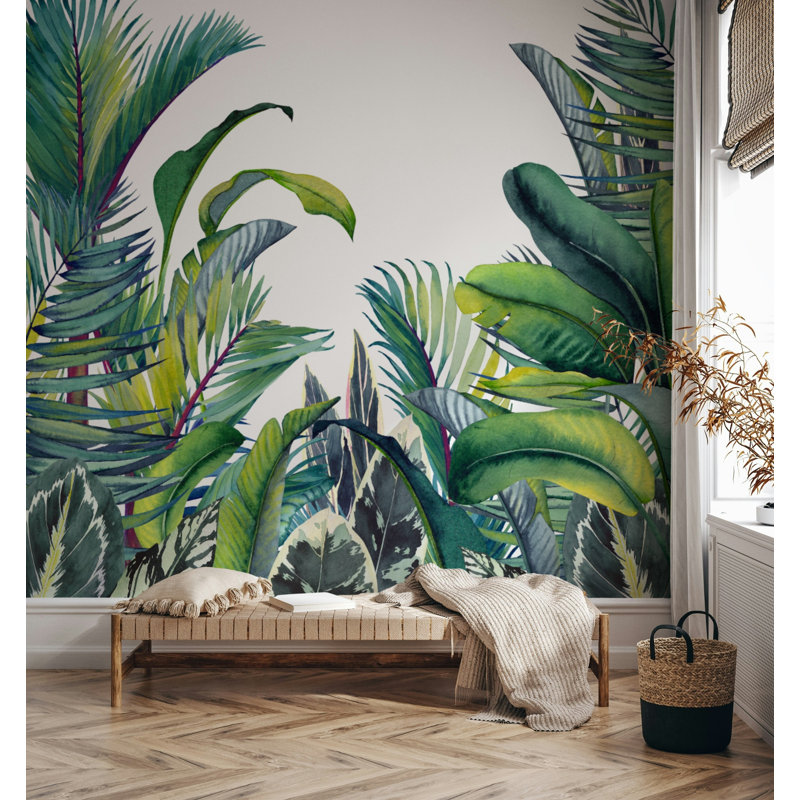 Papier peint aquarelle feuilles de palmier tropical vert et blanc, L 100 po x l 150 po