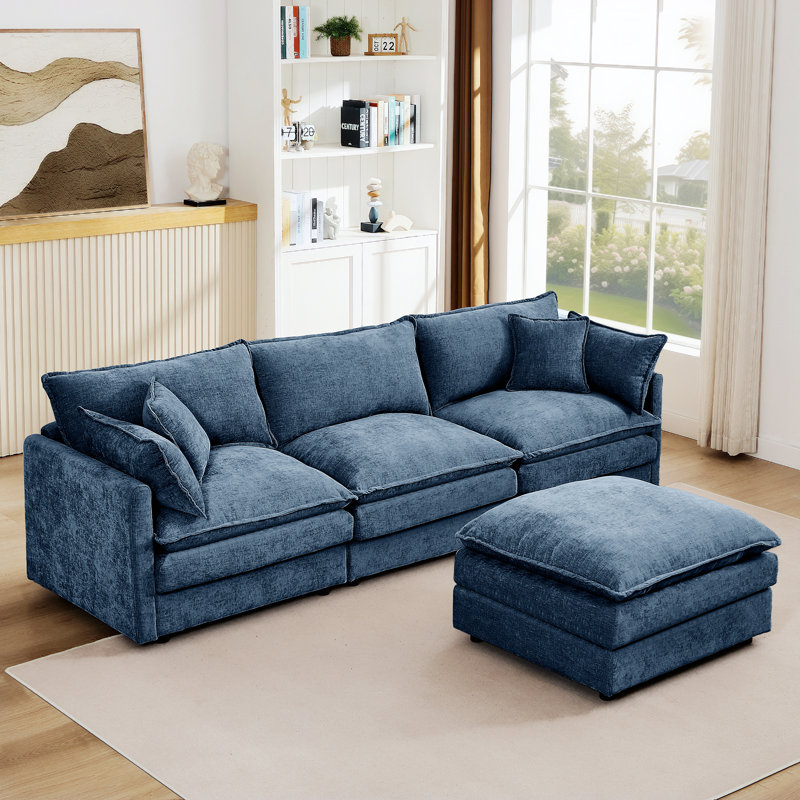 Canapé modulaire modulaire, canapé 3 places avec repose-pieds mobile, Bleu