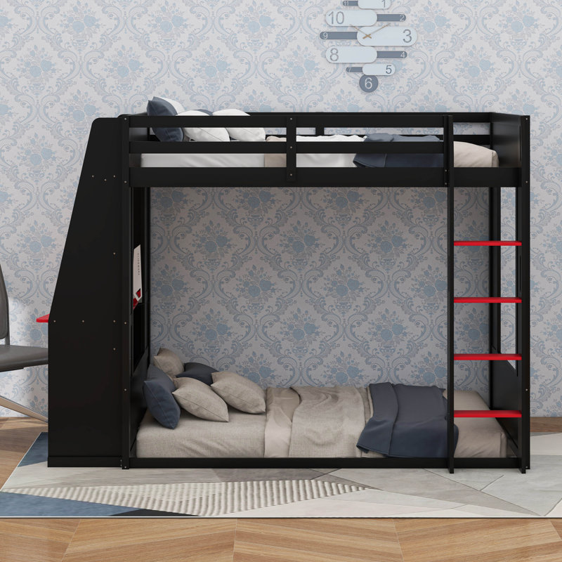 Lit superposé de jeu en bois Queen Size avec bureau et port USB, Noir et rouge