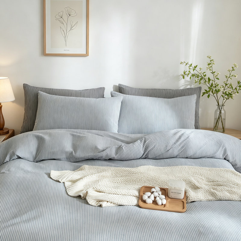 Ensemble de literie rayé en coton délavé 3 pièces, King Duvet Cover + 2 King Pillowcases, Rayures blanches / bleu clair