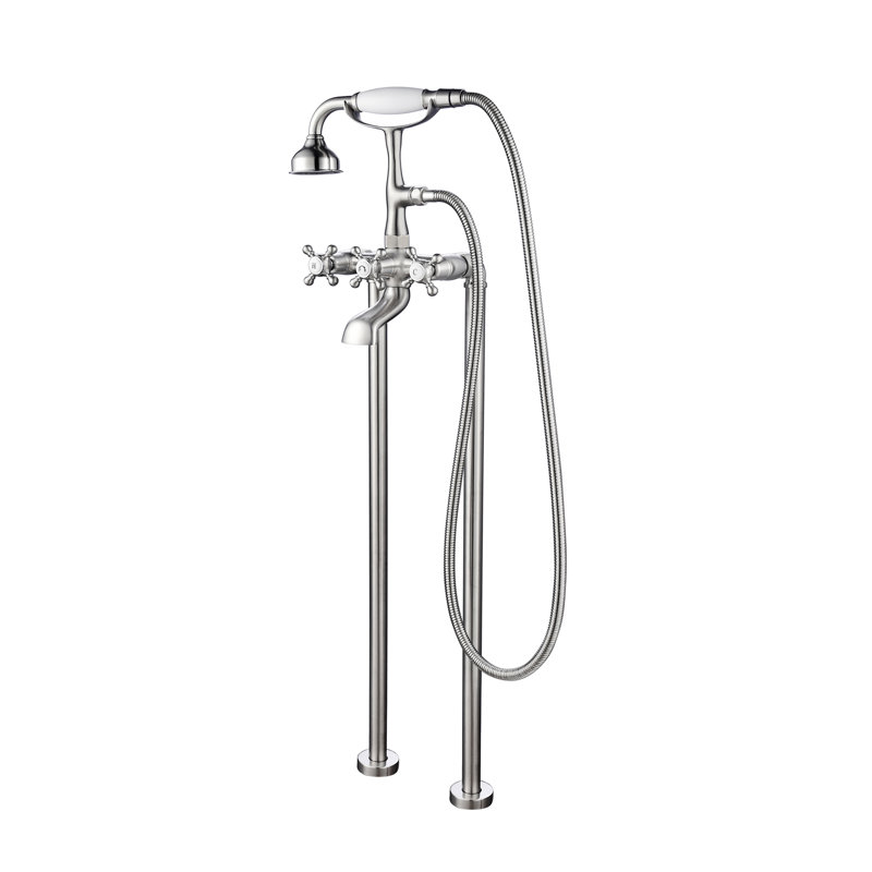 Robinet de baignoire à trois poignées avec inverseur et douchette, Nickel brossé