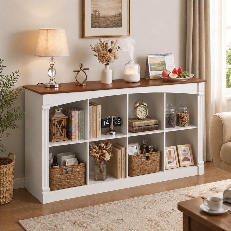 Bibliothèque horizontale blanche et noyer à 8 cubes avec panneau de rangement en MDF à deux tons avec garniture arquée