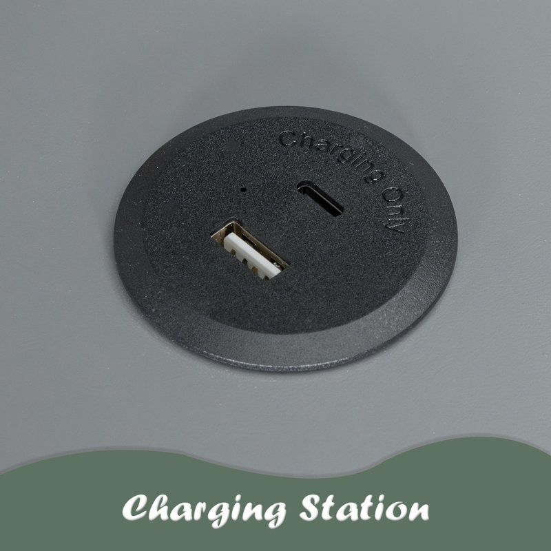 Lit mezzanine double avec bureau en L à rangement multiple, lumière DEL et station de charge USB, banc de rangement avec 2 tiroirs