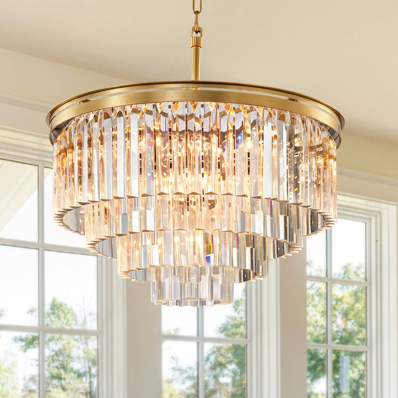 Lustre rond en cristal 13 lumières 27 po, H 16,5 po x l 27 po x P 27 po, Laiton brossé, 13 lumières