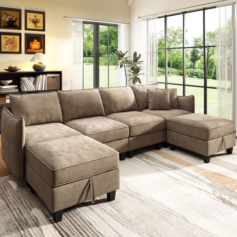 Canapé modulaire en U en chenille 112 po avec 2 repose-pieds, BROWN