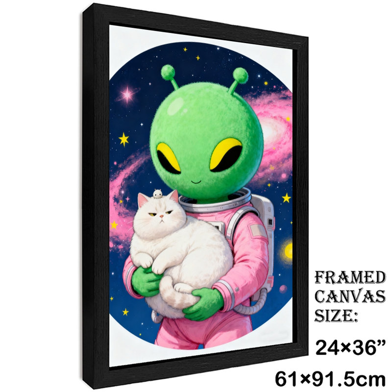 «Alien» encadré noir tenant un joli chat blanc dans l'espace, impressions sur toile de style rétro, H 37 po x l 25 po