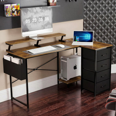  Gaming Desk L Shaped with USB Charging Port Power Outlet Walnut Color