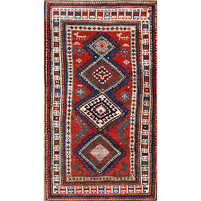 Bold Bright Red Color Antique Late 19th Century Tribal Geometric Caucasian Kazak Rug