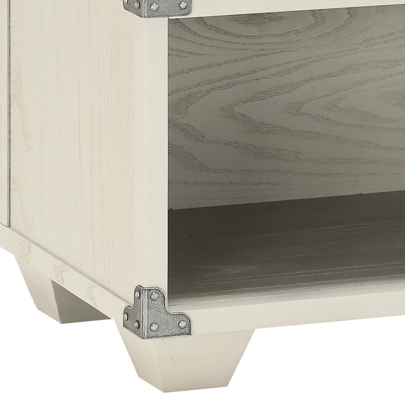 Table de chevet à finition grise pour chambre à coucher avec éléments industriels à structure stable et base en bois