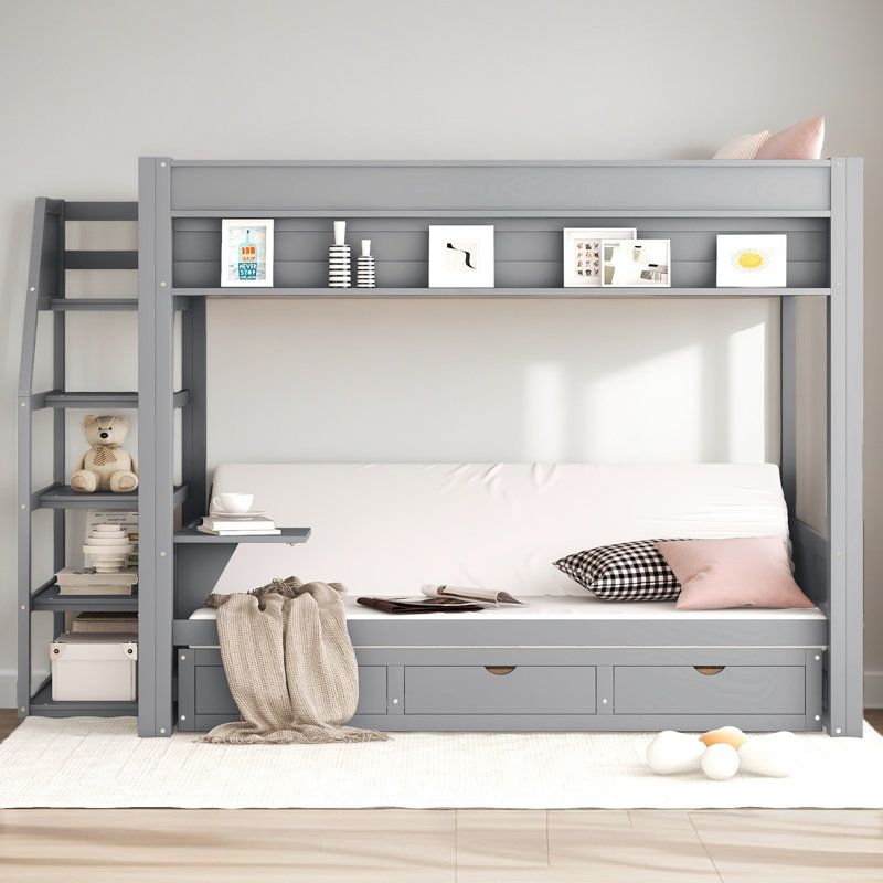 Lit superposé convertible en bois pleine grandeur avec escalier de rangement, table de chevet et 3 tiroirs, Gris