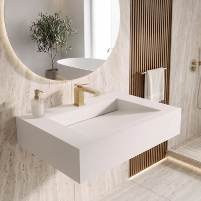 Pyramid 30" Wall-Mounted Modern Bathroom Sink with Ramp Basin - White, With Faucet Hole