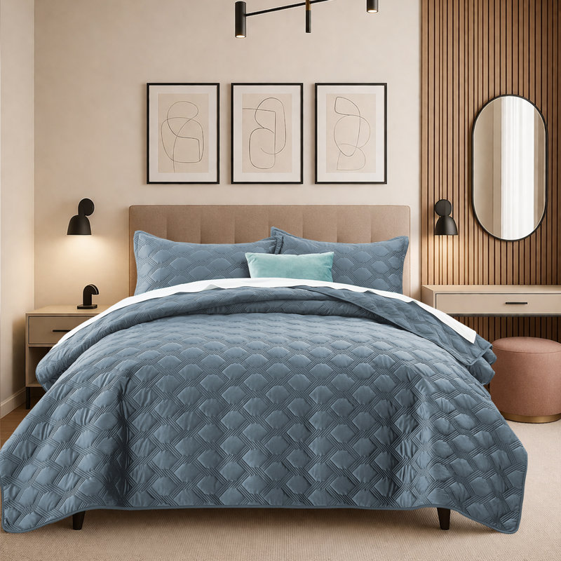 Reversible Diamond Embossed Bedspread Set – Geometric Quilt With Shams, King Bedspread Set with 2 Pillow Shams