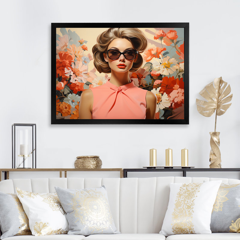 «Retro Floral Mid Century Woman Elegance I», art mural mode, Cadre d'angle fermé noir, H 34 po x l 44 po x P 1,5 po