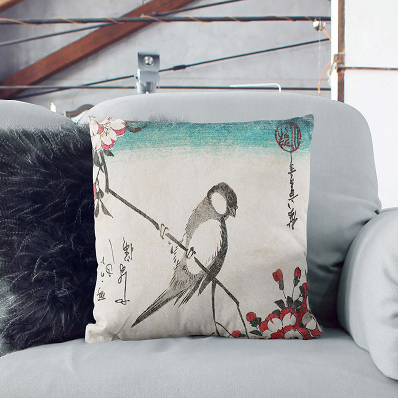 Bird & Cherry Blossom Square Throw Cushion, 55 x 55 cm, Black