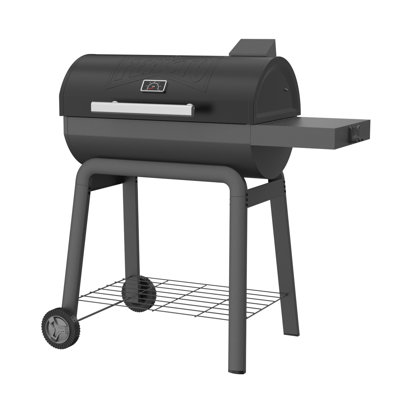 Barbecue au charbon avec table d'appoint et roues Feasto Po Barbecue d'extérieur avec poêle à charbon réglable, grille de réchaud, thermomètre intégré et tablette de rangement pour barbecue de patio
