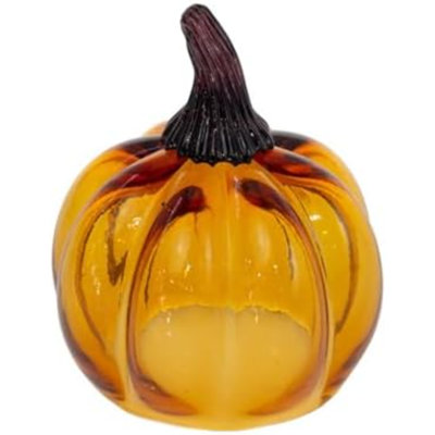 Hand Blown Glass Pumpkin Tabletop Mantel Shelf Fall Autumn Thanksgiving Halloween Decorations For Home, Small, Amber Orange