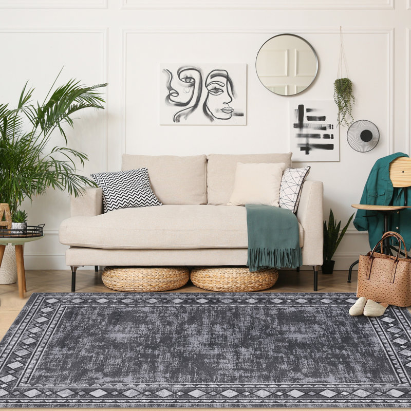 Washable Modern Carpet Chic Bordered Area Rugs for Dining Room, Rectangle 9' x 12'