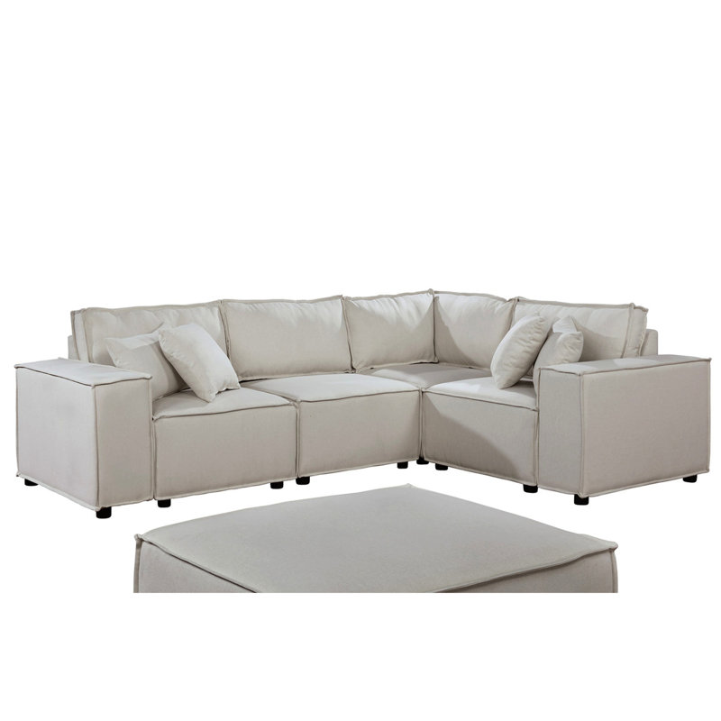 Beige Linen 99" Sectional With - Flexible Seating Options, Welt Trim, Foam Filled Seats Pocket Coil Springs, 5 Cushions Modular Reconfigurable Arrangements, Trim Design, Coils, Pillows