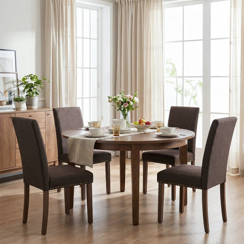 Upholstered Dining Chairs Set Of 4, Nail Head Trim Design, Solid Wood Legs And Padded Seat, Comfortable Fabric For Kitchen, Dining Room, Living Room(brown)