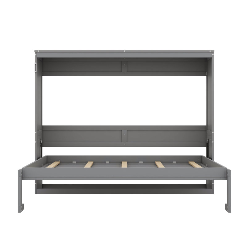 Lit double pliable mural pleine grandeur avec tablette de rangement et lattes en bois, Gris, Lit double