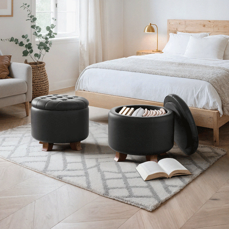 Upholstered Storage Ottoman Bench, PU Leather Button Tufted Ottoman Footrest Stool for Living Room, Black