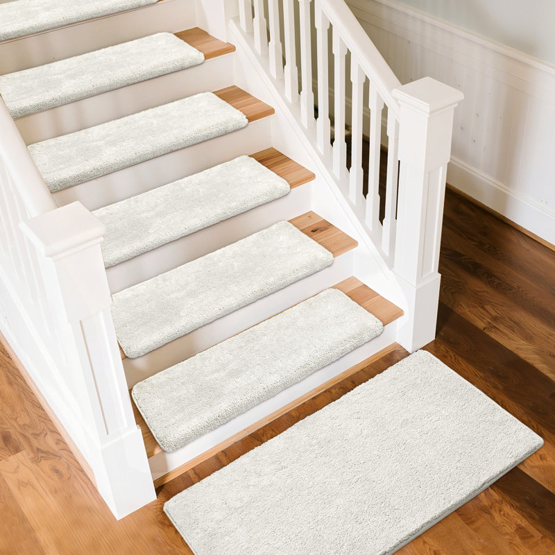 Tapis d'escalier intérieur antidérapant 14 pièces Kanav avec 1 tapis d'atterrissage, Blanc mat