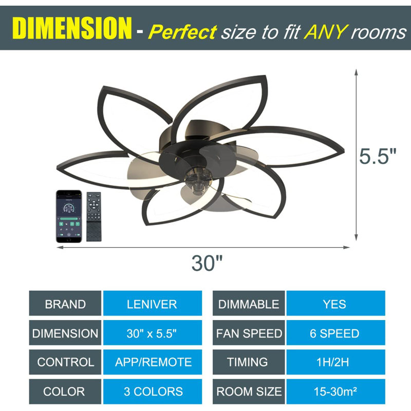Ventilateur de plafond encastré intelligent DEL à 6 pales Daejia avec télécommande et ensemble d'éclairage inclus