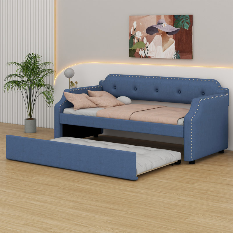 Upholstered Daybed With Trundle, Blue
