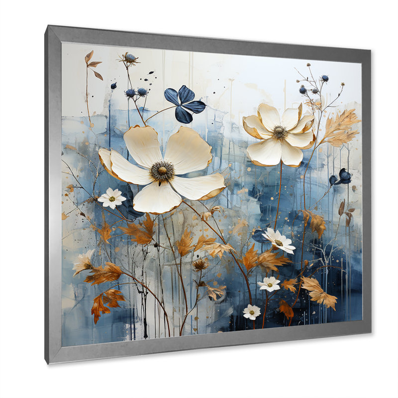 Champs blancs et bleus de fleurs sauvages V, H 16 po x l 16 po x P 1 po, Cadre simple argenté