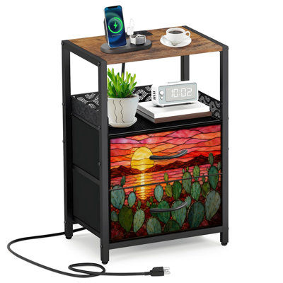 Table de chevet 2 tiroirs en tissu avec station de charge Vitrail fait à la main