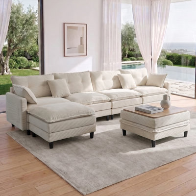 Canapé modulaire surdimensionné confortable de 143 po avec 2 repose-pieds, assemblage sans outil, canapé 6 pièces en forme de U en velours côtelé