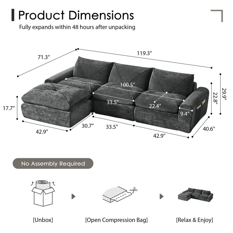 Boneless Modular Cloud Sectional Couches For Living Room, Oversized Compression Chenille Cloud Sofa, 30" H x 119" W x 71" D
