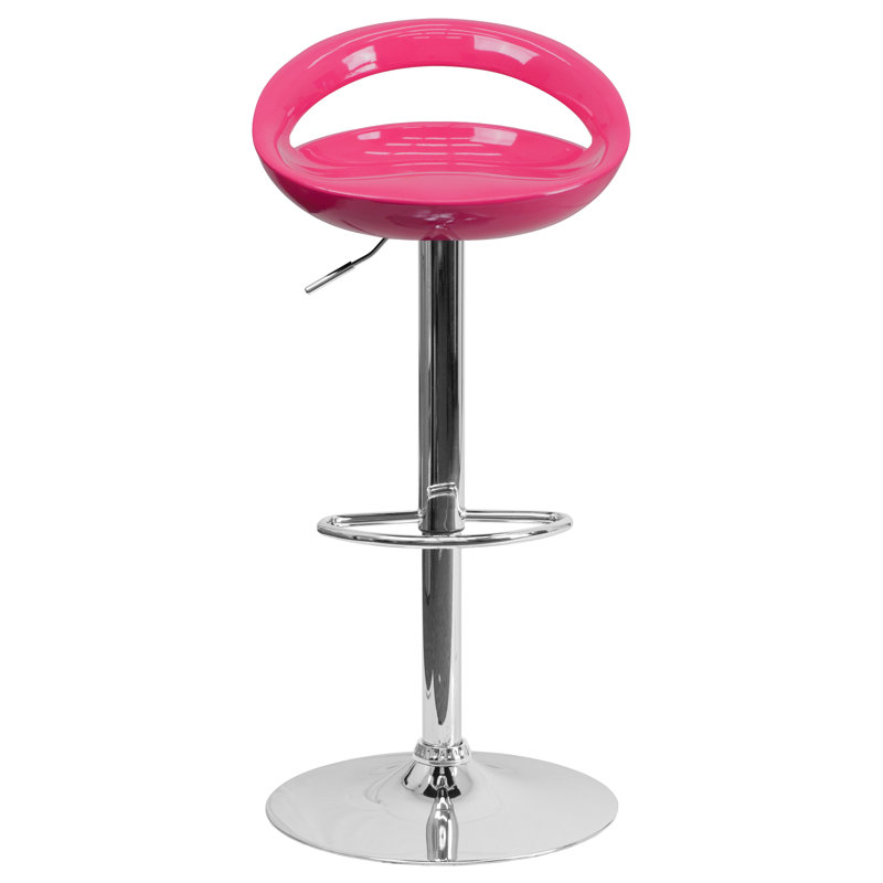 Contemporary Plastic Adjustable Height Barstool with Rounded Cutout Back and Chrome Base, Pink
