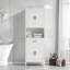 Grande armoire de salle de bain autoportante avec 1 tiroir, 2 armoires, 4 portes à fermeture douce, 2 tablettes réglables et un rangement ouvert-588145503