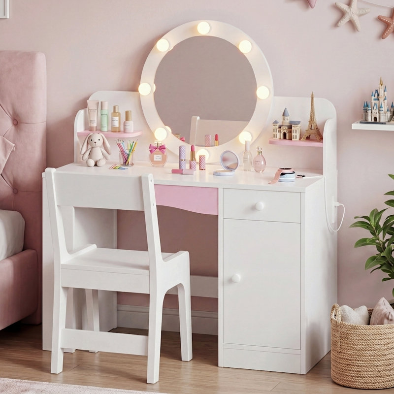 Kids Vanity Desk With LED Mirror And Stool