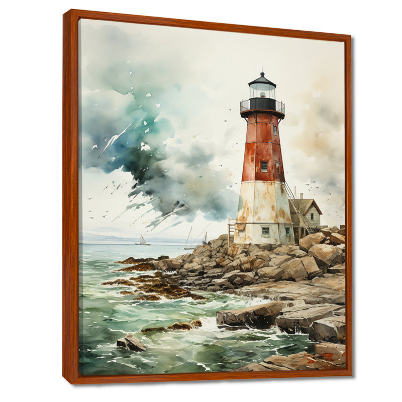 Phare rétro de Breckler - art mural V, 40" H x 30" W, Cadre flottant brun