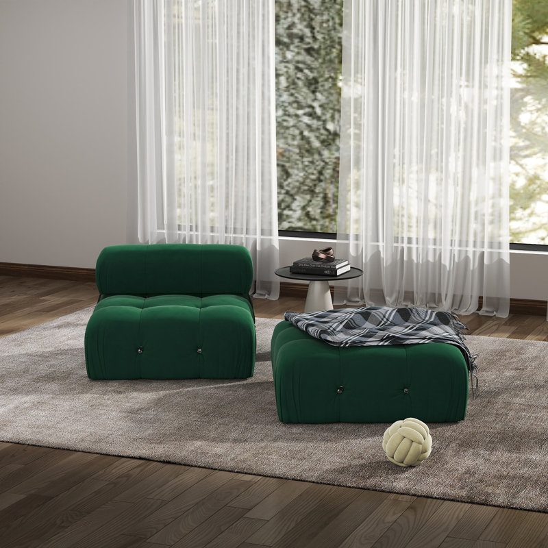 Cylar 2-Piece Upholstered Modern Velvet Armless Modular Sofa With Ottoman, Green