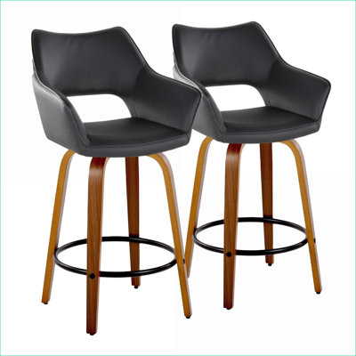 LumiSource Set of 2 26" Fixed-Height Swivel Counter Dining Chairs for Adults, Walnut Brown Wood, Black Faux Leather, Metal Footrest