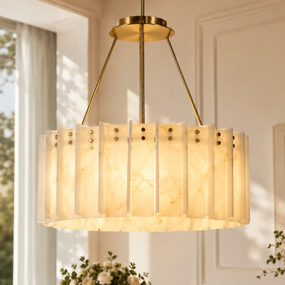 24'' W 6 - Light Dimmable Alabaster Drum Chandelier, Bedroom Living Room Dining Room