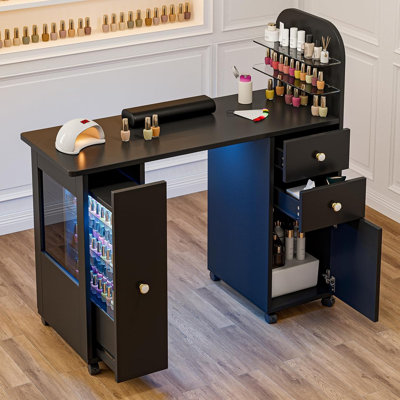 Bureau professionnel à clou pour Nail Tech avec vitrine à DEL, table de manucure roulante avec roues verrouillables, tiroirs de rangement, coussin de poignet, résistant à l'acétone, pour salon de beauté, spa et maison (noir)