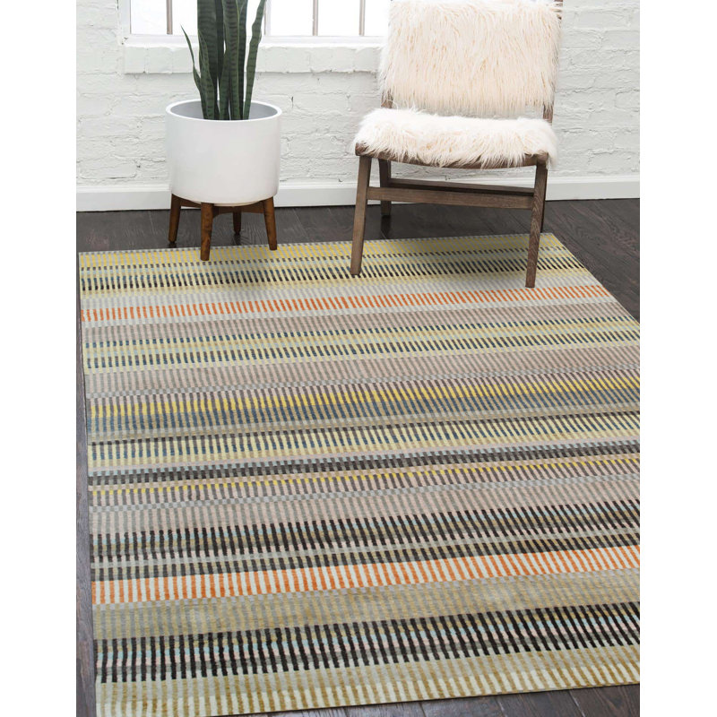 Gray and Beige Hand-Knotted Wool Striped 6' x 9' Rug