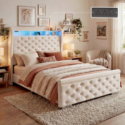 Bed Frame with Storage and LED Lights Charging Station, Velvet Upholstered Sleigh Bed with Wingback Bookcase Headboard, No Box Spring Needed, Easy Ass