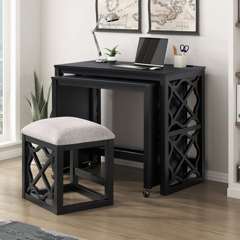 Ensemble de bureau et tabouret polyvalent avec bureau roulant, 2 ports de chargement USB et finition noire pour les espaces de travail modernes