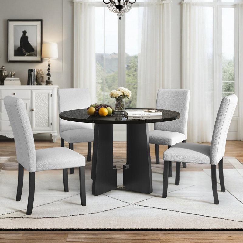  Ensemble 5 pièces de table de salle à manger ronde, 43 pouces de table ronde moderne avec 4 chaises rembourrées pour la salle à manger, beige et noir
