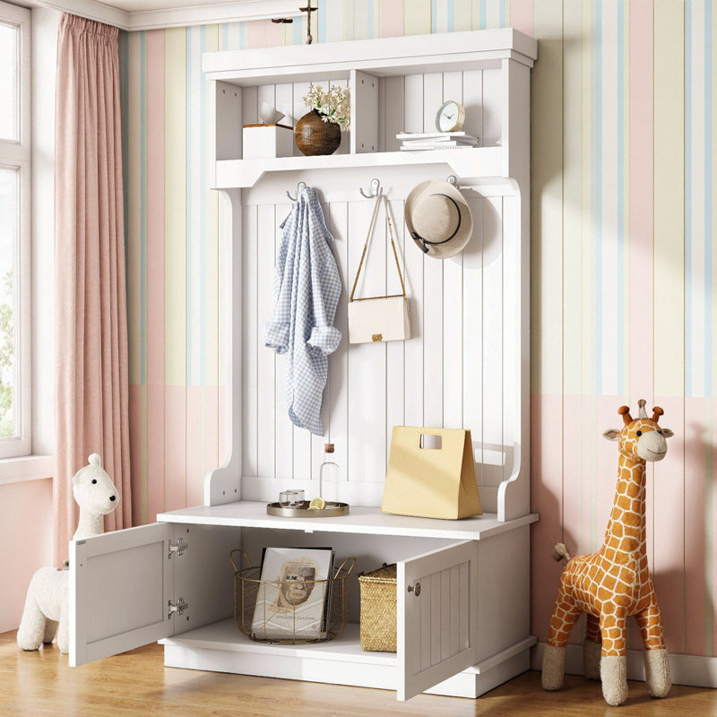 35" Hall Tree with Bench and Storage, White