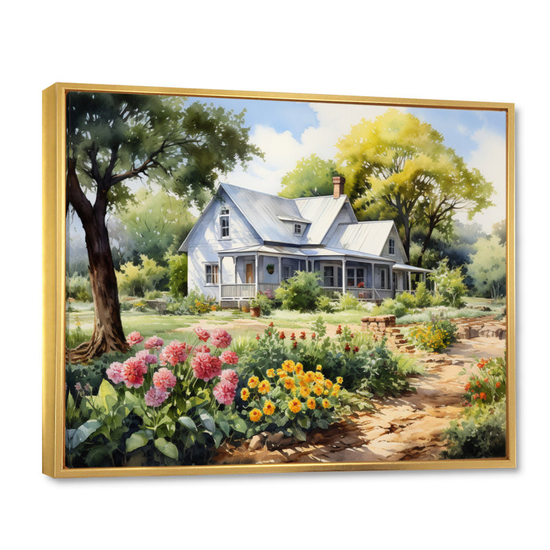 Farmhouse Frontyard Oasis I - Décoration murale de ferme, H 24 po x l 32 po x P 1 po, Cadre flottant doré