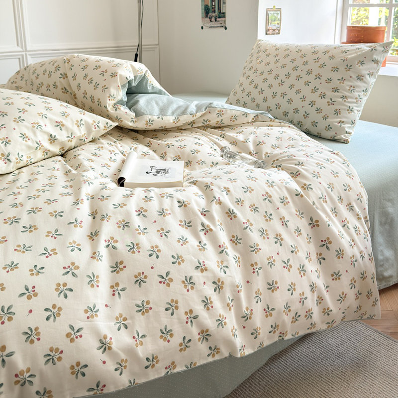 Housse de couette à motif floral et ensemble de literie de couleur unie bleue, Très grand lit
